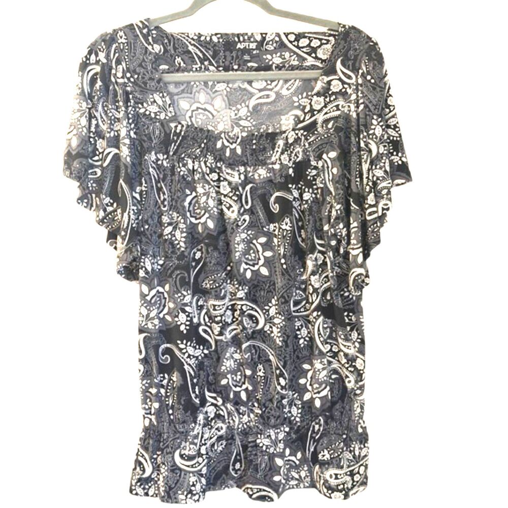 Apt 9 Paisley Blouse Size L Black White Short Sleeve Flowy Casual T